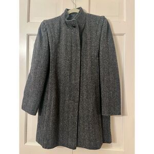 Vintage 80s Classic Herringbone Wool Coat Gray Button Front Stand Collar Sz M